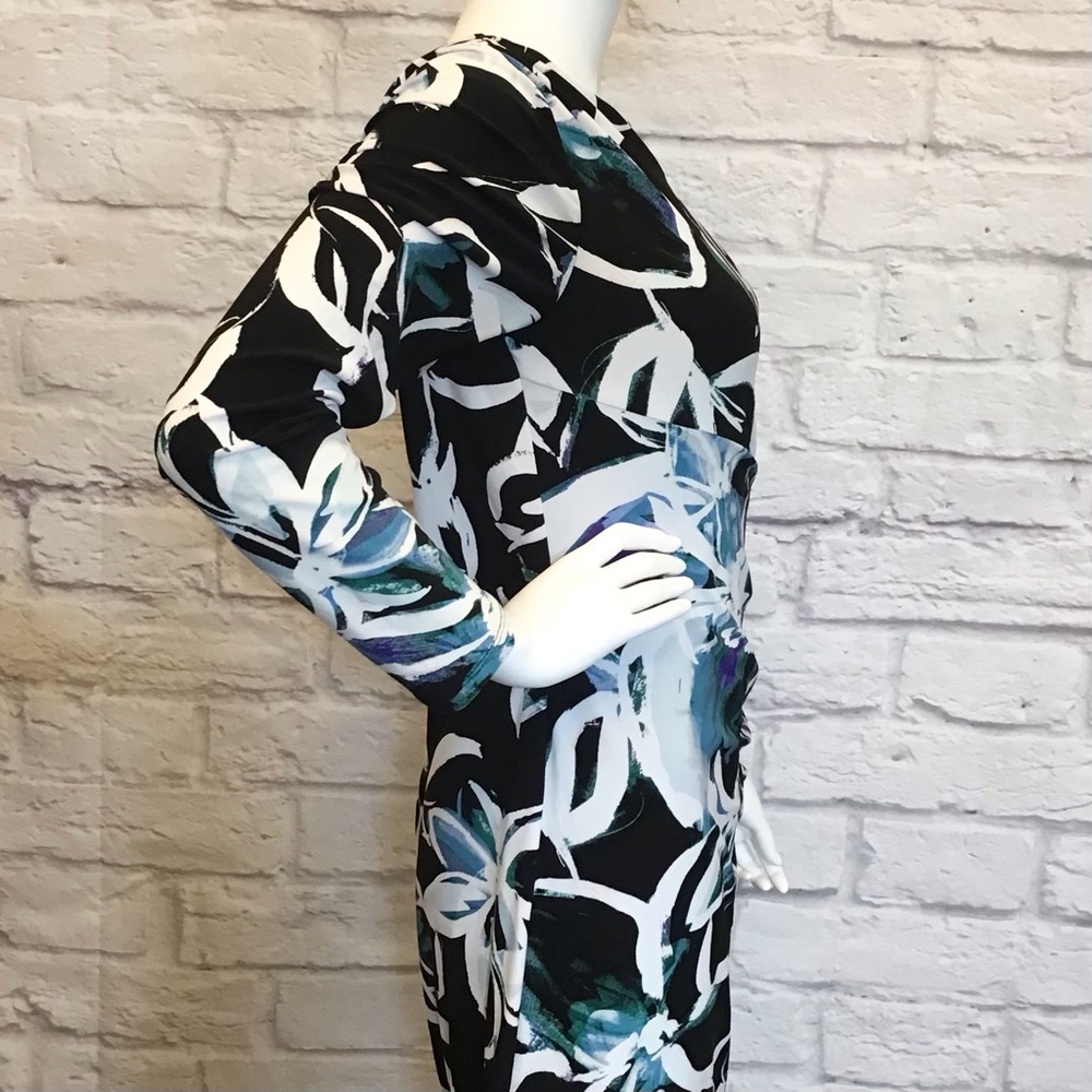 Ralph Lauren 8 LRL Stretchy Ruched Black Floral Long Sleeve Dress Knee Length - Picture 5 of 13
